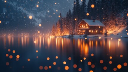 Fototapeta premium A spectacular winter cottage surrounded by snow-covered trees and a serene frozen lake at dusk.
