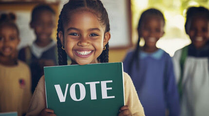 Happy young student at school holding a Vote Sign to promote civic engagement and inspire classmates to participate in elections, emphasizing the significance of youth voices in democracy