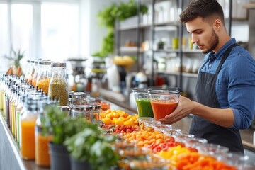 A young man in an apron carefully blends colorful fruits and vegetables at a bustling juice bar. The countertop is filled with jars of vibrant ingredients, showcasing a lively atmosphere during the da