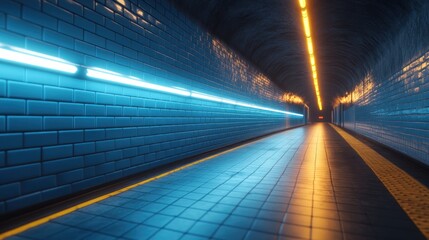 An illuminated underground tunnel with blue and orange lights, with tile walls and floor.