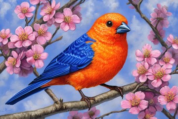 Charming Bird Illustration Among Blossoming Branches