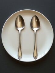 Two polished silver spoons rest symmetrically on a pristine white plate, highlighting their elegant design. This arrangement suggests a moment before a meal, emphasizing a simple yet sophisticated din