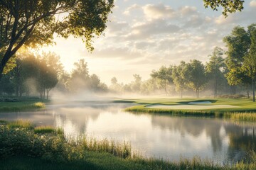 Foggy Morning on a Golf Course with Water Feature
