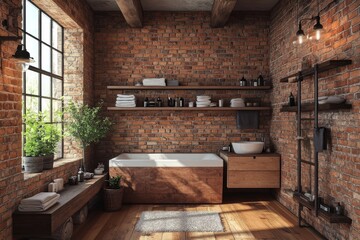 Modern Rustic Bathroom with Exposed Brick Wall  Bathtub  Shelves  and Wooden Floor