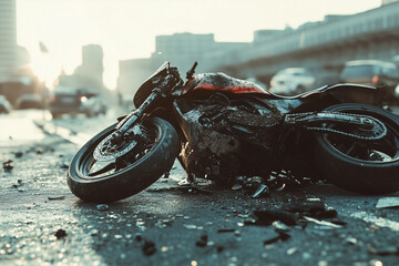 Motorbike accident on city street. Broken bicycle after traffic collision