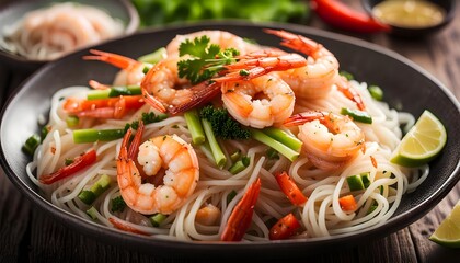 Asian rice noodles with shrimp and vegetables close-up on the table. top view of a horizontal
