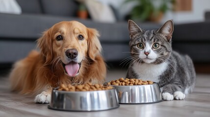 A golden retriever and a gray tabby cat are happily eating from their bowls on a comfortable surface. The shot captures their joyful expressions and the inviting atmosphere of mealtime, highlighting t