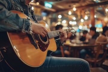 A talented musician strums his guitar with passion in a warm, inviting cafe. The audience enjoys the live music and the relaxed ambiance, capturing a perfect moment of joy and creativity.
