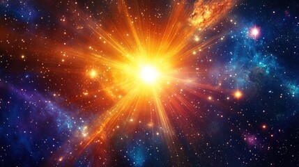 Fototapeta premium A bright, yellow, star-like explosion erupts in a dark blue space with nebulae.