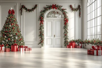 Fototapeta premium A digital painting with Christmas decorations on the front door and colorful lighting underneath the Christmas trees. A cozy Christmas atmosphere with lots of snow.