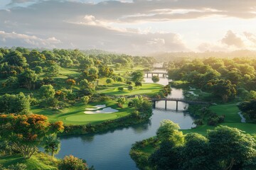 Fototapeta premium Golf Course Landscape with River and Bridges at Sunset