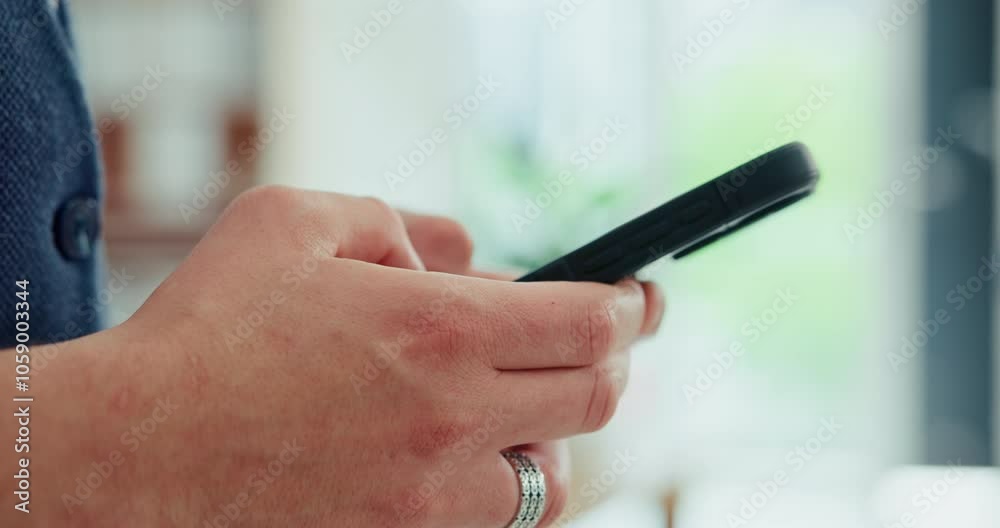 Poster phone, typing and hands of person in office with online chat, search or business communication. smar