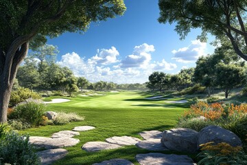 Obraz premium Beautiful Green Golf Course Landscape With Trees and Rocks
