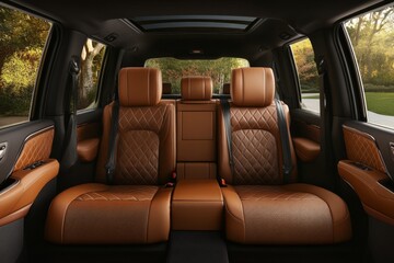 Stylish Interior of SUV, Luxury Seating. Elegant large powerful sports SUV, premium quality brown...