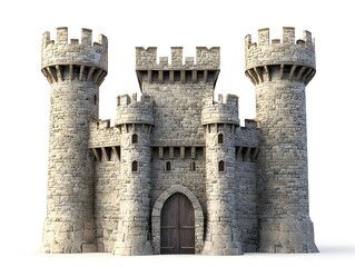 Obraz premium Majestic Medieval Stone Castle with Tall Towers and Drawbridge on Clean White Background