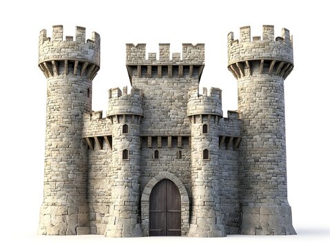 Majestic Medieval Stone Castle with Tall Towers and Drawbridge on Clean White Background