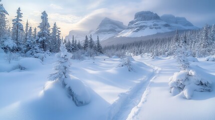 A serene winter landscape features a snow covered valley, dotted with pine trees, leading toward magnificent, snow capped mountains under an overcast sky, reflecting the beauty of nature in its purest