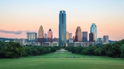 Obraz premium A panoramic view of a city skyline with tall buildings and a park in the foreground at sunset.