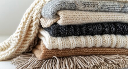 Stack of Knit Blankets With Fringes on a Couch