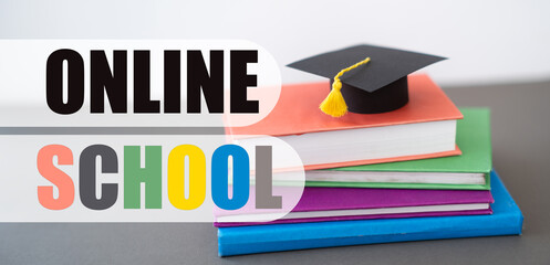 Online School, Back to School banner with graduation cap on the globe, open book, books around