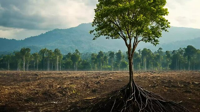 A solitary tree stands amidst a deforested landscape, symbolizing resilience against environmental degradation, with mountains in the background and a dramatic sky.