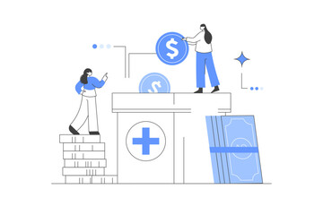 Characters donating and saving money. Volunteers putting coins in donation box and savings jar. Financial support and saving concept. Vector Illustration, icon. Stylish, Minimalist line, abstract