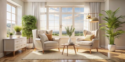 Fototapeta premium Modern White & Creamy Living Room with Armchair - Architectural Photography