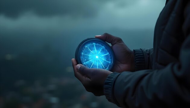 A circular device compass glowing in one person's hand, against a cloudy weather background