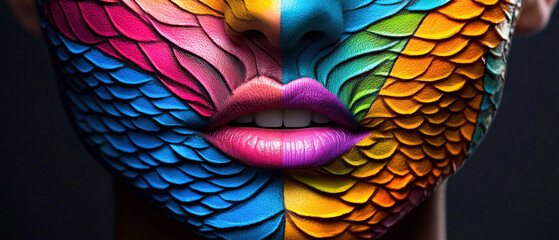 Vibrant Face Art with Scales in Rainbow Colors
