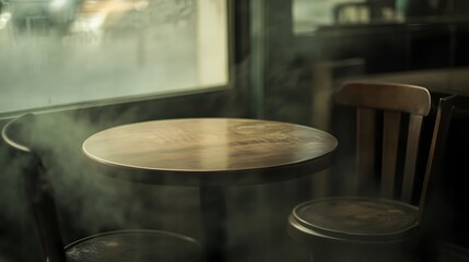 Obraz premium A Round Wooden Table and Two Chairs in a Smoky Cafe