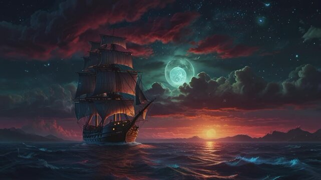 pirates in the middle of the sea during a full moon