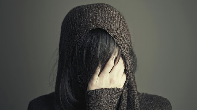 A person displaying shame, face partially hidden, eyes downcast, and shoulders slumped in self-reproach