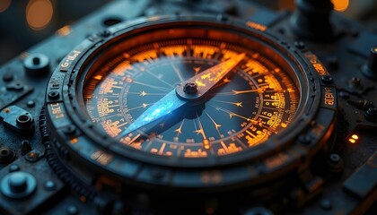 Fototapeta premium The mechanical details of the compass emit orange and blue light,