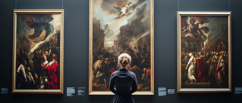 Woman admiring artwork in museum.