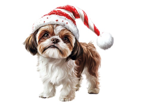 Shih Tzu Dog in Christmas Day Festival wearing Candy cane hat standing with isolated on transparent background PNG