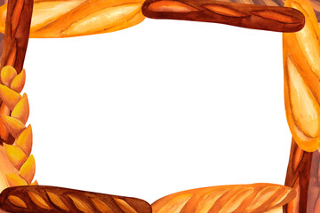 Breads - buns, baguettes, loaves, croissants, pretzels, rye and wheat watercolor frame For prints on textile and paper, plates and dishes, for kitchen, restaurant menus, recipes, cookbook.