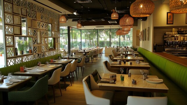Contemporary restaurant with a green and white theme, cozy seating, and warm lighting, creating a perfect family-friendly dining area