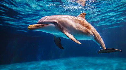 Fototapeta premium A playful dolphin swims gracefully underwater, showcasing its sleek body and bright features in a vibrant aquatic environment.