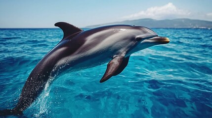 A dolphin leaps gracefully out of the vibrant blue ocean, surrounded by a serene seascape and distant hills under a clear sky.