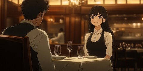 Elegant woman smiles while holding a wine glass, served by a waiter in a sophisticated restaurant setting