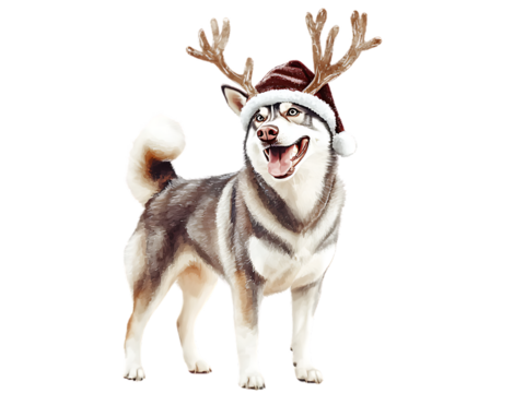 Siberian Husky Dog in Christmas Day Festival wearing Santa reindeer hat standing with a happy isolated on transparent background PNG