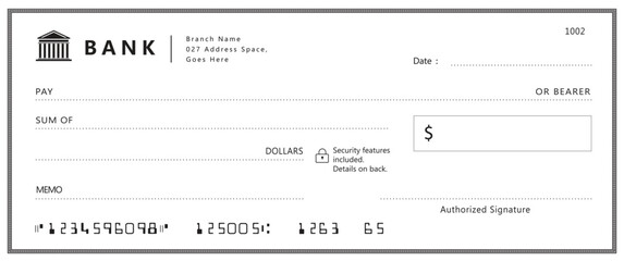Bank check, vector blank money cheque, checkbook template with guilloche pattern and fields. Currency payment coupon, money check background	