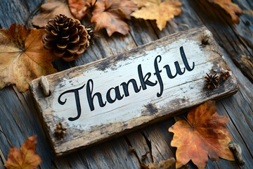 Naklejka premium Thanksgiving design featuring 'Thankful' in elegant cursive on a white background, adorned with colorful fall leaves and pine cones, set against a rustic wooden board. 