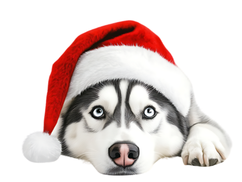Siberian Husky Dog in Christmas Day Festival wearing Santa hat lying down with a isolated on transparent background PNG