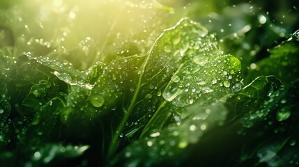 Fresh Green Leaves with Water Droplets at Sunrise