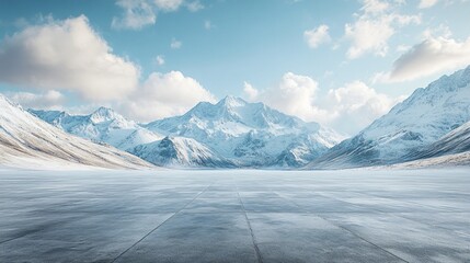 Snowy Mountain Landscape Featuring High Peaks, Platform, Road, and Parking Area on Brick Surface for Automotive Advertisement with Blank Background