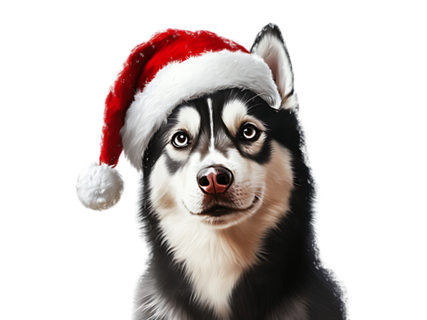 Cool Clipart Siberian Husky Dog in Christmas Day Festival wearing Santa hat close-up with a happy isolated on transparent background PNG