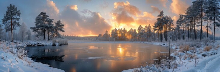 Fototapeta premium Frosty Pine Trees Reflecting in Frozen River at Sunrise