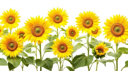 Obraz premium A row of sunflowers in various stages of bloom, isolated on a white background. Generative ai