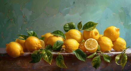 A Still Life Painting of Lemons With Green Leaves on a Wooden Table